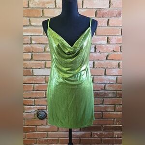 💚 Sincerely Jules Metallic Green Cowl Neck Mini Dress – Size L 💚